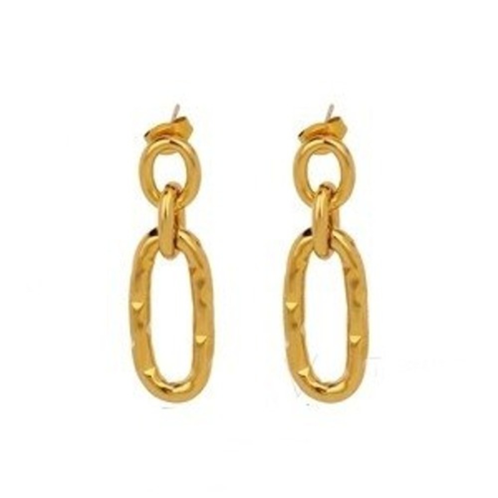 18k Gold Plated Stainless Steel‎ Hammered Link Drop Earrings 316L Textured Oval